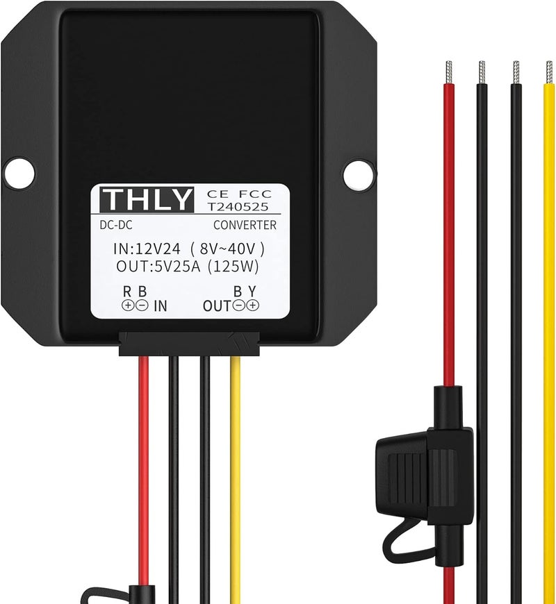 THLY Buck Converter 8‑40V to 5V 15A 75W DC‑DC Step‑Down Voltage Regulator, Waterproof Fuse‑Protected Power Module for Car Truck Boat Solar Golf Cart Electronics, 12V/24V Input - Image 1